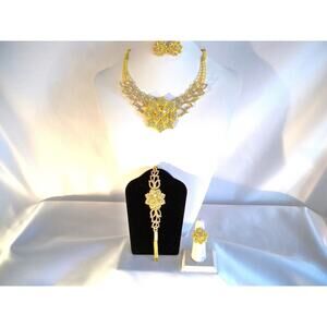 Gold 4 pc rhinestone necklace set wedding MOB prom party evening formal necklace